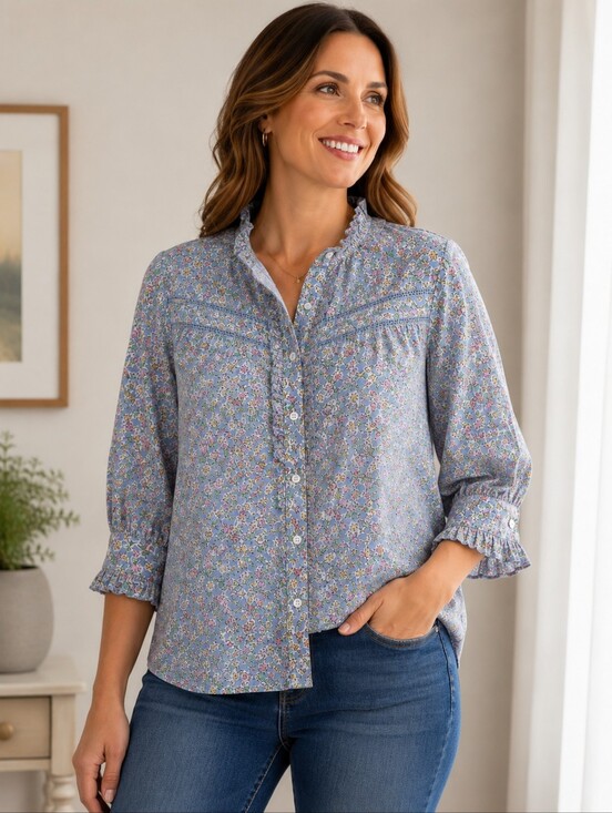 Democracy Tops - 🌸 Democracy Floral Ruffle Button-Front Blouse – Light Blue – Size L